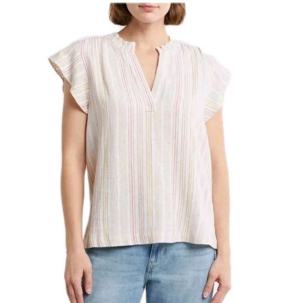 Sanctuary Linen Blend Split Neck Top Blouse Cream Tan Stripe Small Coastal Boho